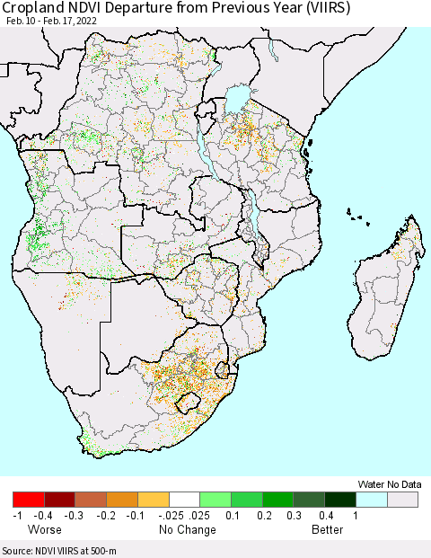 Southern Africa Cropland NDVI Departure from Previous Year (VIIRS) Thematic Map For 2/10/2022 - 2/17/2022