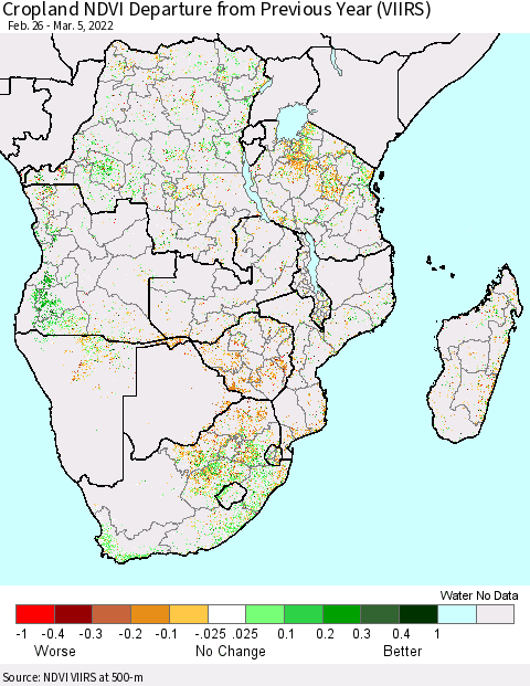 Southern Africa Cropland NDVI Departure from Previous Year (VIIRS) Thematic Map For 2/26/2022 - 3/5/2022
