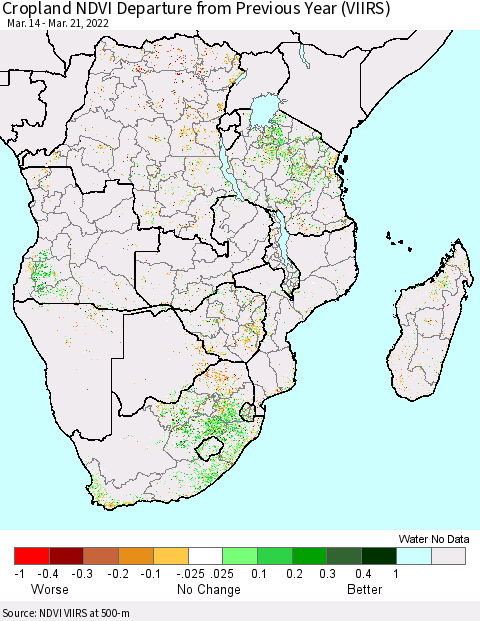 Southern Africa Cropland NDVI Departure from Previous Year (VIIRS) Thematic Map For 3/14/2022 - 3/21/2022