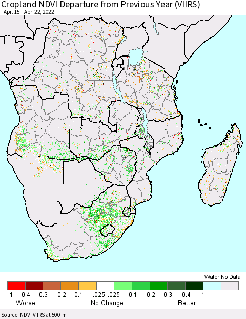 Southern Africa Cropland NDVI Departure from Previous Year (VIIRS) Thematic Map For 4/15/2022 - 4/22/2022