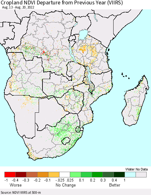 Southern Africa Cropland NDVI Departure from Previous Year (VIIRS) Thematic Map For 8/13/2022 - 8/20/2022