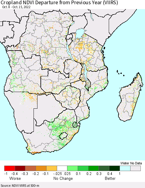 Southern Africa Cropland NDVI Departure from Previous Year (VIIRS) Thematic Map For 10/8/2022 - 10/15/2022