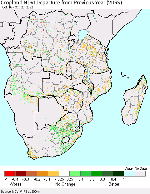 Southern Africa Cropland NDVI Departure from Previous Year (VIIRS) Thematic Map For 10/16/2022 - 10/23/2022