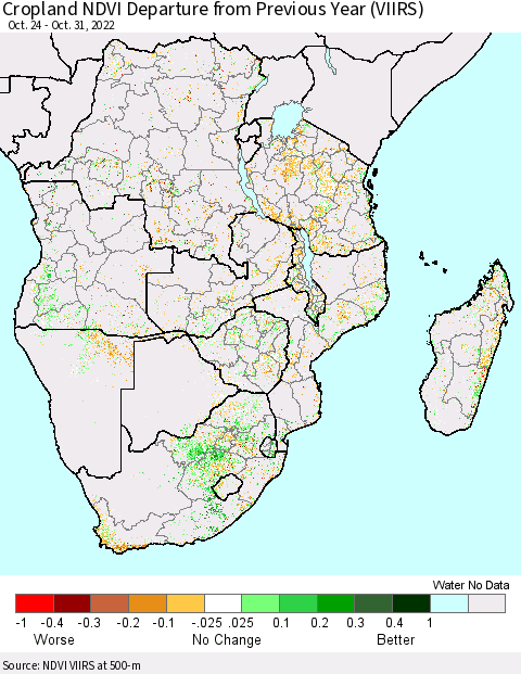 Southern Africa Cropland NDVI Departure from Previous Year (VIIRS) Thematic Map For 10/24/2022 - 10/31/2022