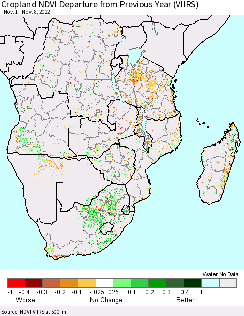 Southern Africa Cropland NDVI Departure from Previous Year (VIIRS) Thematic Map For 11/1/2022 - 11/8/2022