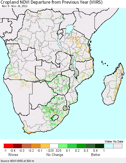 Southern Africa Cropland NDVI Departure from Previous Year (VIIRS) Thematic Map For 11/9/2022 - 11/16/2022