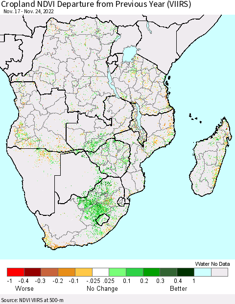Southern Africa Cropland NDVI Departure from Previous Year (VIIRS) Thematic Map For 11/17/2022 - 11/24/2022