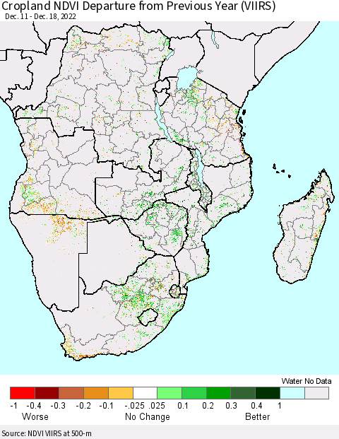 Southern Africa Cropland NDVI Departure from Previous Year (VIIRS) Thematic Map For 12/11/2022 - 12/18/2022