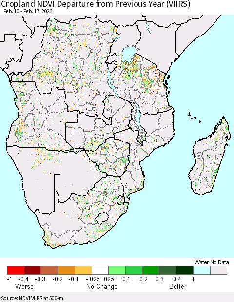 Southern Africa Cropland NDVI Departure from Previous Year (VIIRS) Thematic Map For 2/10/2023 - 2/17/2023