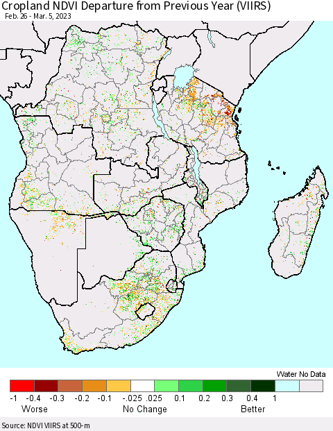 Southern Africa Cropland NDVI Departure from Previous Year (VIIRS) Thematic Map For 2/26/2023 - 3/5/2023