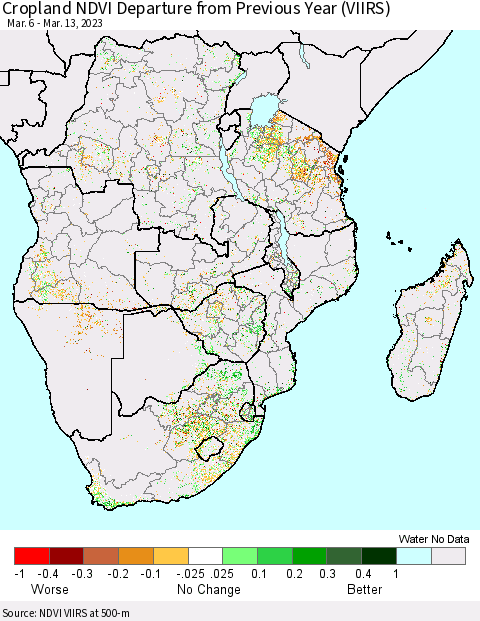 Southern Africa Cropland NDVI Departure from Previous Year (VIIRS) Thematic Map For 3/6/2023 - 3/13/2023
