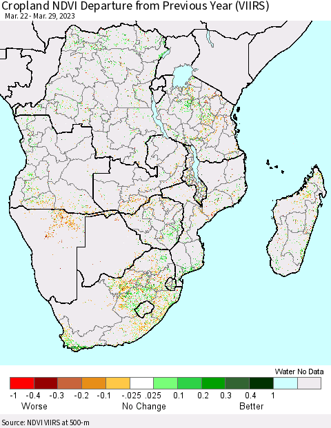 Southern Africa Cropland NDVI Departure from Previous Year (VIIRS) Thematic Map For 3/22/2023 - 3/29/2023
