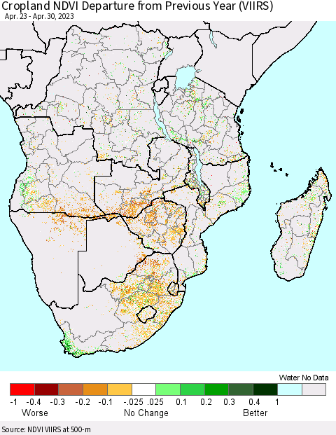 Southern Africa Cropland NDVI Departure from Previous Year (VIIRS) Thematic Map For 4/23/2023 - 4/30/2023