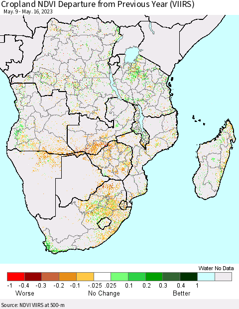 Southern Africa Cropland NDVI Departure from Previous Year (VIIRS) Thematic Map For 5/9/2023 - 5/16/2023