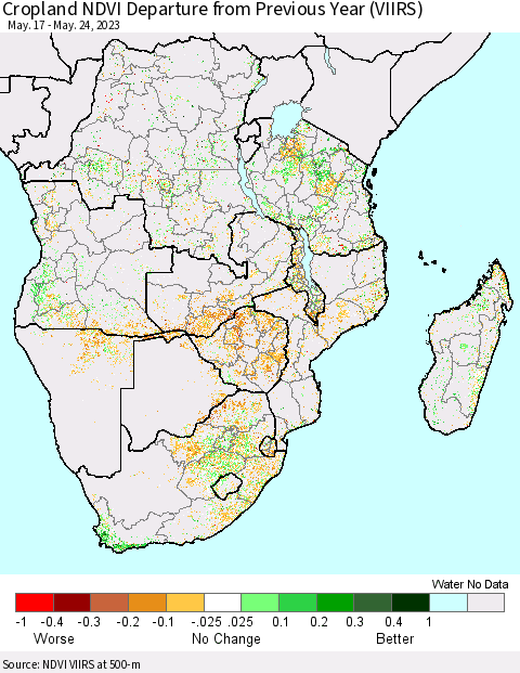 Southern Africa Cropland NDVI Departure from Previous Year (VIIRS) Thematic Map For 5/17/2023 - 5/24/2023