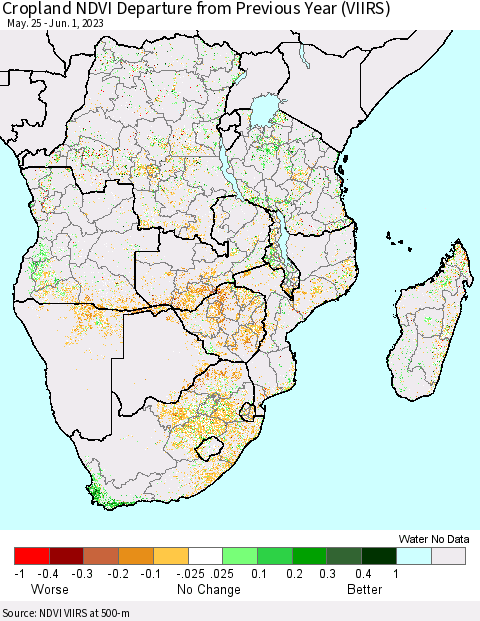 Southern Africa Cropland NDVI Departure from Previous Year (VIIRS) Thematic Map For 5/25/2023 - 6/1/2023