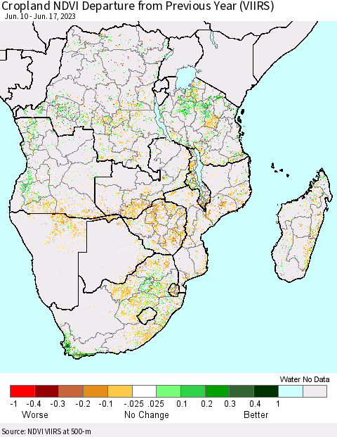Southern Africa Cropland NDVI Departure from Previous Year (VIIRS) Thematic Map For 6/10/2023 - 6/17/2023