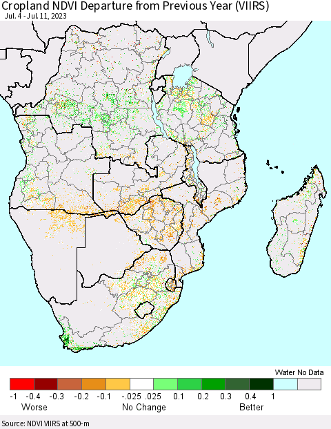 Southern Africa Cropland NDVI Departure from Previous Year (VIIRS) Thematic Map For 7/4/2023 - 7/11/2023