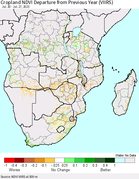 Southern Africa Cropland NDVI Departure from Previous Year (VIIRS) Thematic Map For 7/20/2023 - 7/27/2023