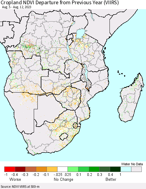 Southern Africa Cropland NDVI Departure from Previous Year (VIIRS) Thematic Map For 8/5/2023 - 8/12/2023
