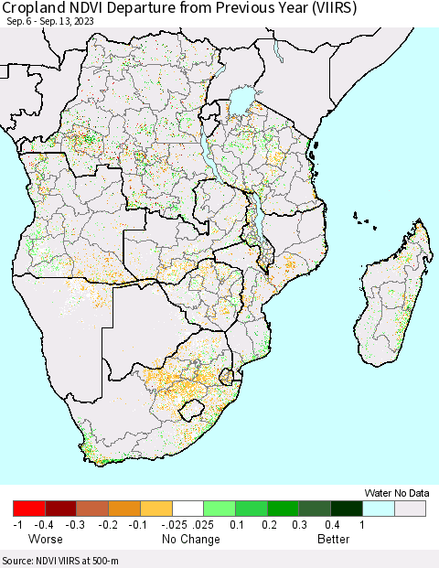 Southern Africa Cropland NDVI Departure from Previous Year (VIIRS) Thematic Map For 9/6/2023 - 9/13/2023