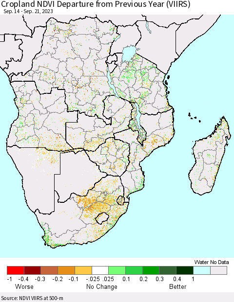 Southern Africa Cropland NDVI Departure from Previous Year (VIIRS) Thematic Map For 9/14/2023 - 9/21/2023