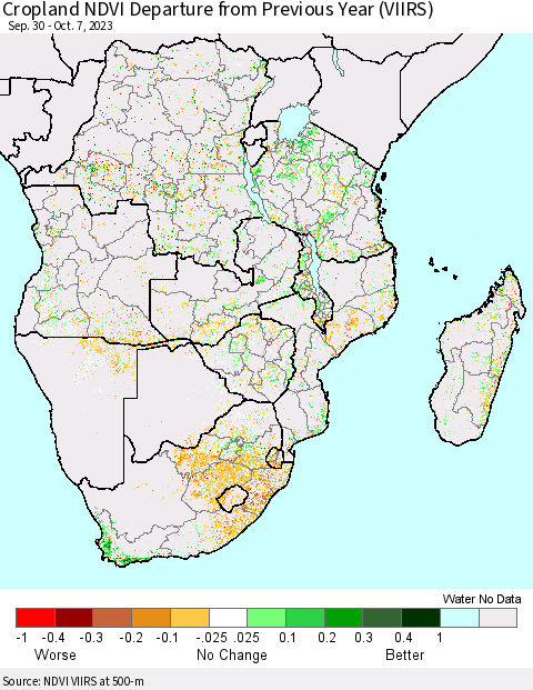 Southern Africa Cropland NDVI Departure from Previous Year (VIIRS) Thematic Map For 9/30/2023 - 10/7/2023