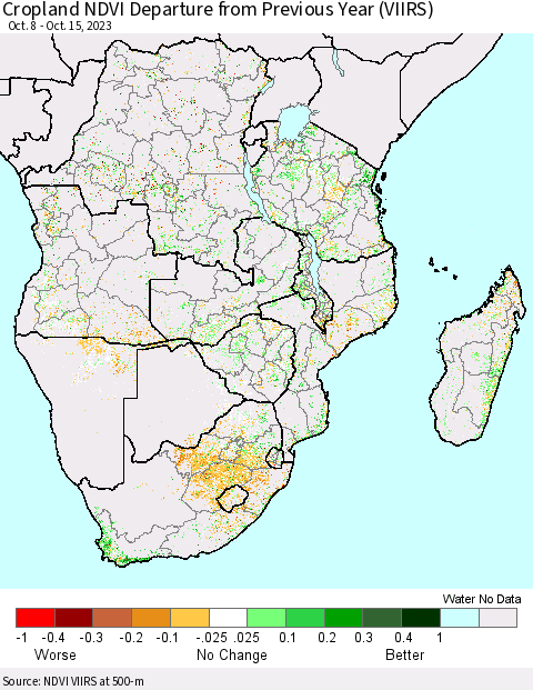 Southern Africa Cropland NDVI Departure from Previous Year (VIIRS) Thematic Map For 10/8/2023 - 10/15/2023