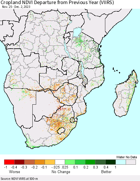 Southern Africa Cropland NDVI Departure from Previous Year (VIIRS) Thematic Map For 11/25/2023 - 12/2/2023