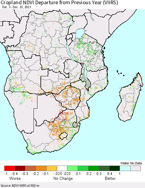 Southern Africa Cropland NDVI Departure from Previous Year (VIIRS) Thematic Map For 12/3/2023 - 12/10/2023