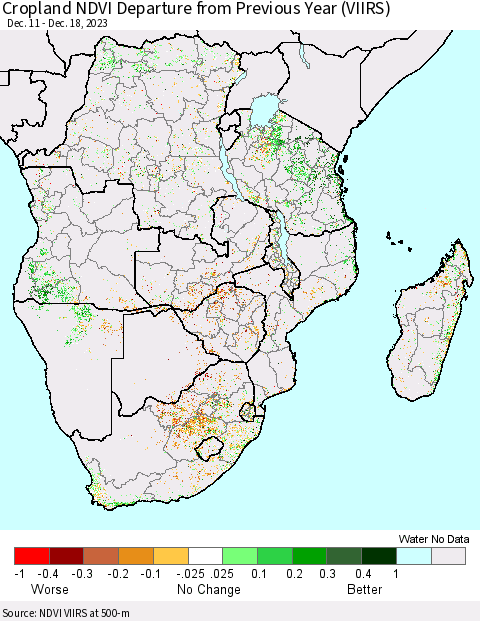 Southern Africa Cropland NDVI Departure from Previous Year (VIIRS) Thematic Map For 12/11/2023 - 12/18/2023
