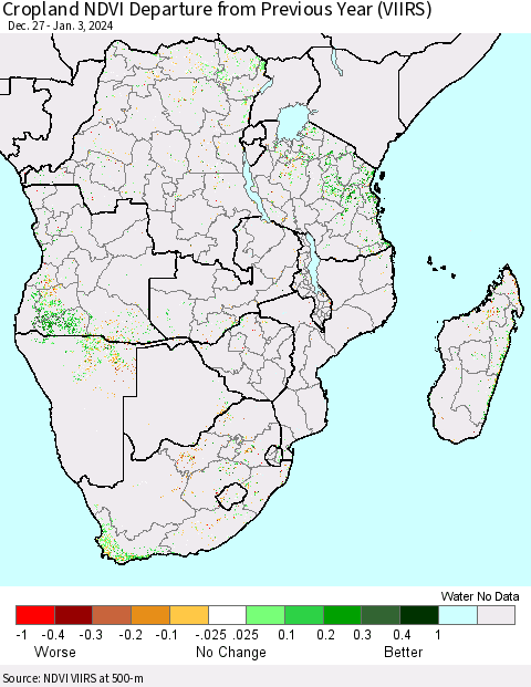 Southern Africa Cropland NDVI Departure from Previous Year (VIIRS) Thematic Map For 12/27/2023 - 1/3/2024