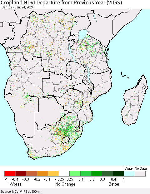 Southern Africa Cropland NDVI Departure from Previous Year (VIIRS) Thematic Map For 1/17/2024 - 1/24/2024