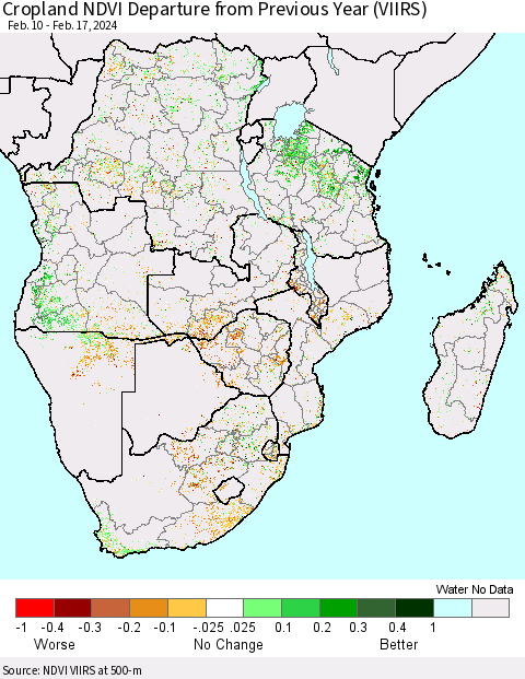Southern Africa Cropland NDVI Departure from Previous Year (VIIRS) Thematic Map For 2/10/2024 - 2/17/2024