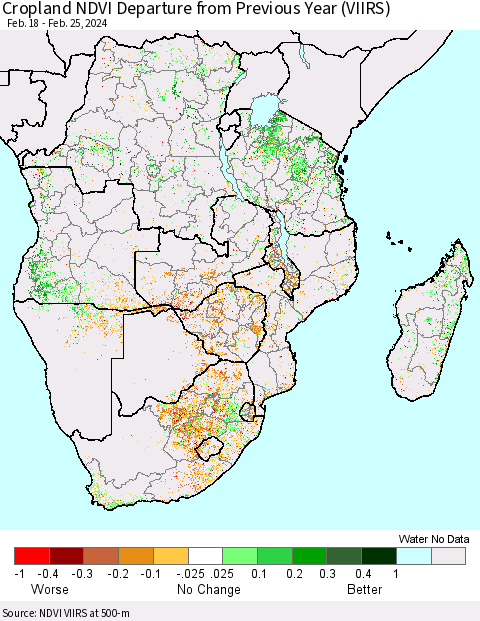 Southern Africa Cropland NDVI Departure from Previous Year (VIIRS) Thematic Map For 2/18/2024 - 2/25/2024