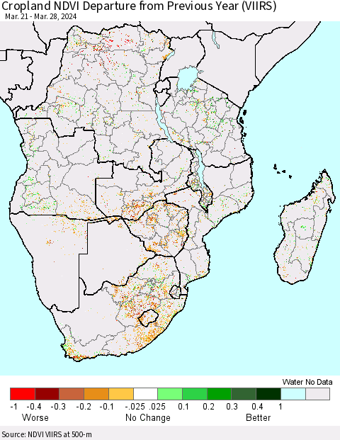 Southern Africa Cropland NDVI Departure from Previous Year (VIIRS) Thematic Map For 3/21/2024 - 3/28/2024