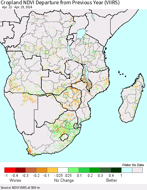 Southern Africa Cropland NDVI Departure from Previous Year (VIIRS) Thematic Map For 4/22/2024 - 4/29/2024