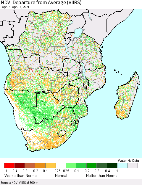 Southern Africa NDVI Departure from Average (VIIRS) Thematic Map For 4/7/2021 - 4/14/2021