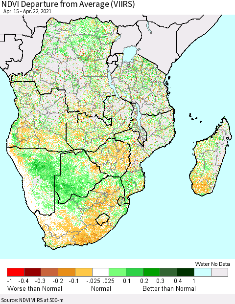 Southern Africa NDVI Departure from Average (VIIRS) Thematic Map For 4/15/2021 - 4/22/2021