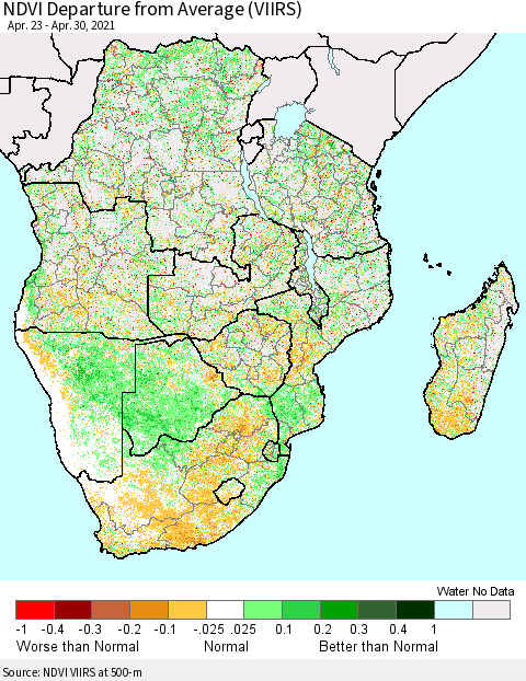 Southern Africa NDVI Departure from Average (VIIRS) Thematic Map For 4/23/2021 - 4/30/2021
