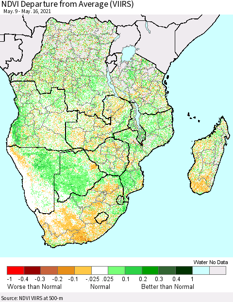 Southern Africa NDVI Departure from Average (VIIRS) Thematic Map For 5/9/2021 - 5/16/2021