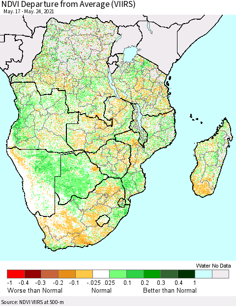 Southern Africa NDVI Departure from Average (VIIRS) Thematic Map For 5/17/2021 - 5/24/2021