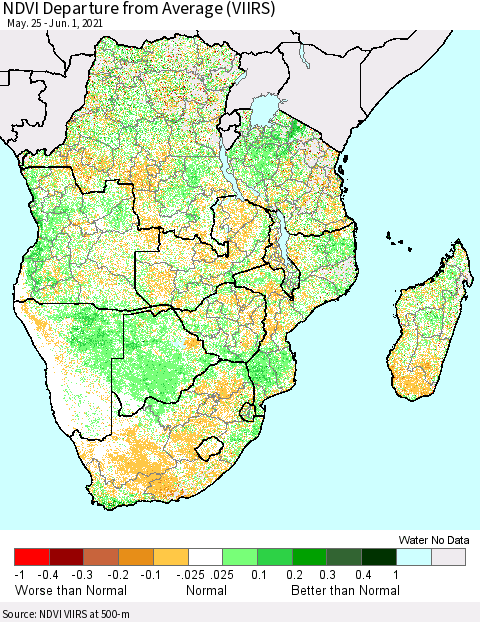 Southern Africa NDVI Departure from Average (VIIRS) Thematic Map For 5/25/2021 - 6/1/2021