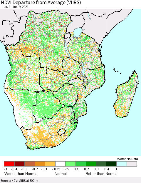 Southern Africa NDVI Departure from Average (VIIRS) Thematic Map For 6/2/2021 - 6/9/2021