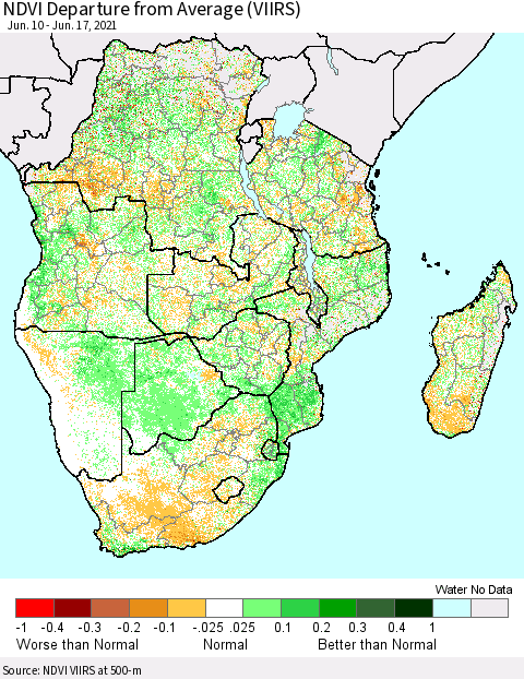 Southern Africa NDVI Departure from Average (VIIRS) Thematic Map For 6/10/2021 - 6/17/2021