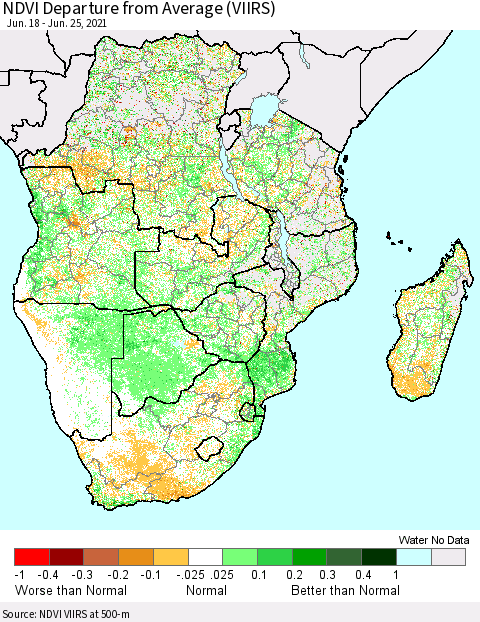 Southern Africa NDVI Departure from Average (VIIRS) Thematic Map For 6/18/2021 - 6/25/2021