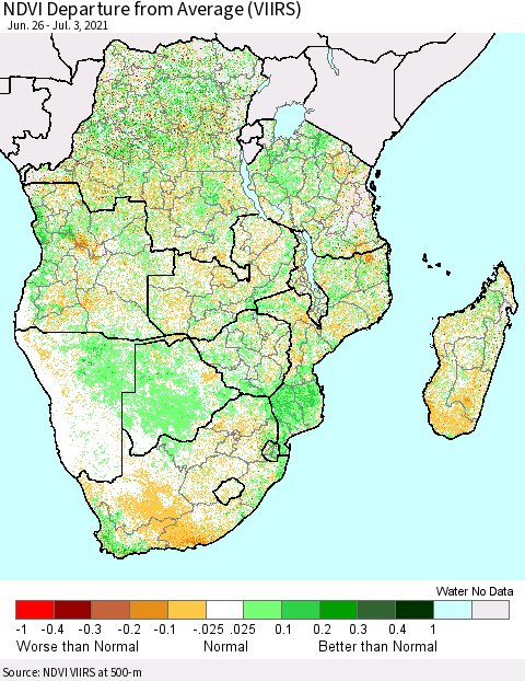 Southern Africa NDVI Departure from Average (VIIRS) Thematic Map For 6/26/2021 - 7/3/2021