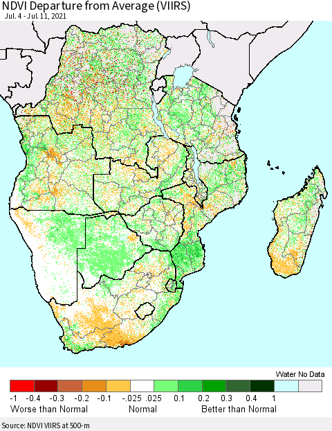 Southern Africa NDVI Departure from Average (VIIRS) Thematic Map For 7/4/2021 - 7/11/2021