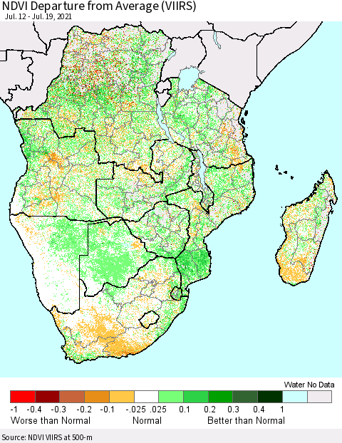 Southern Africa NDVI Departure from Average (VIIRS) Thematic Map For 7/12/2021 - 7/19/2021