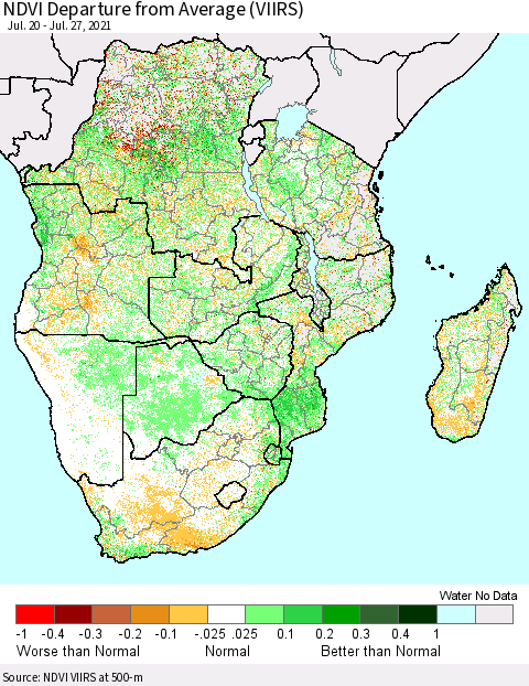 Southern Africa NDVI Departure from Average (VIIRS) Thematic Map For 7/20/2021 - 7/27/2021